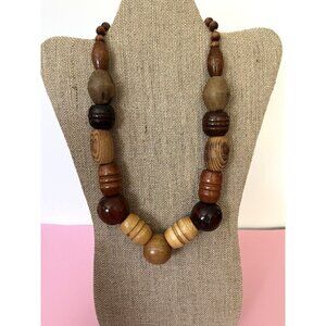 Chunky Wooden Beaded Necklace With Varied Shapes & Natural Tones For Women